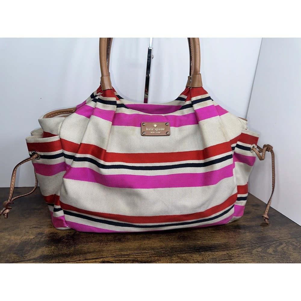 Kate Spade Stevie Baby Diaper Bag Jubilee Stripe Pink Red Navy Canvas Tote Large